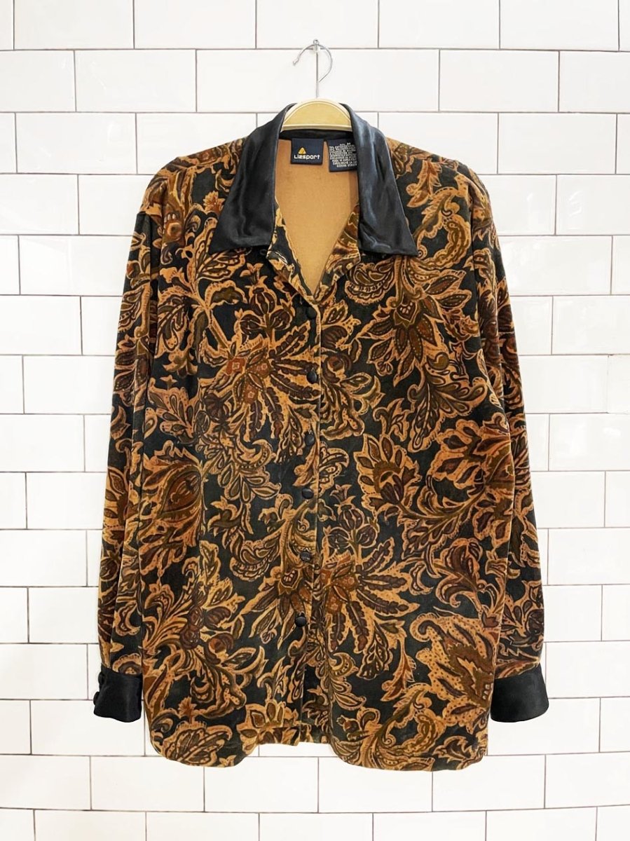 vintage 80s liz claiborne satin trim velour full button shirt - good market thrift store