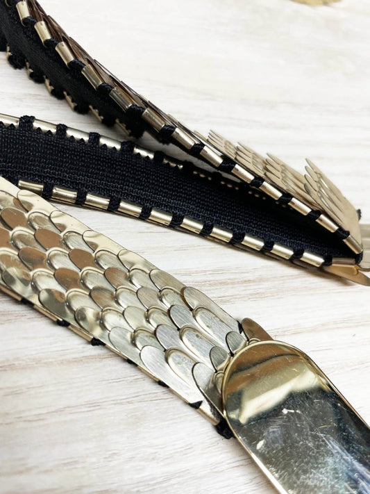 vintage 80s metal scales stretch belt - good market thrift store