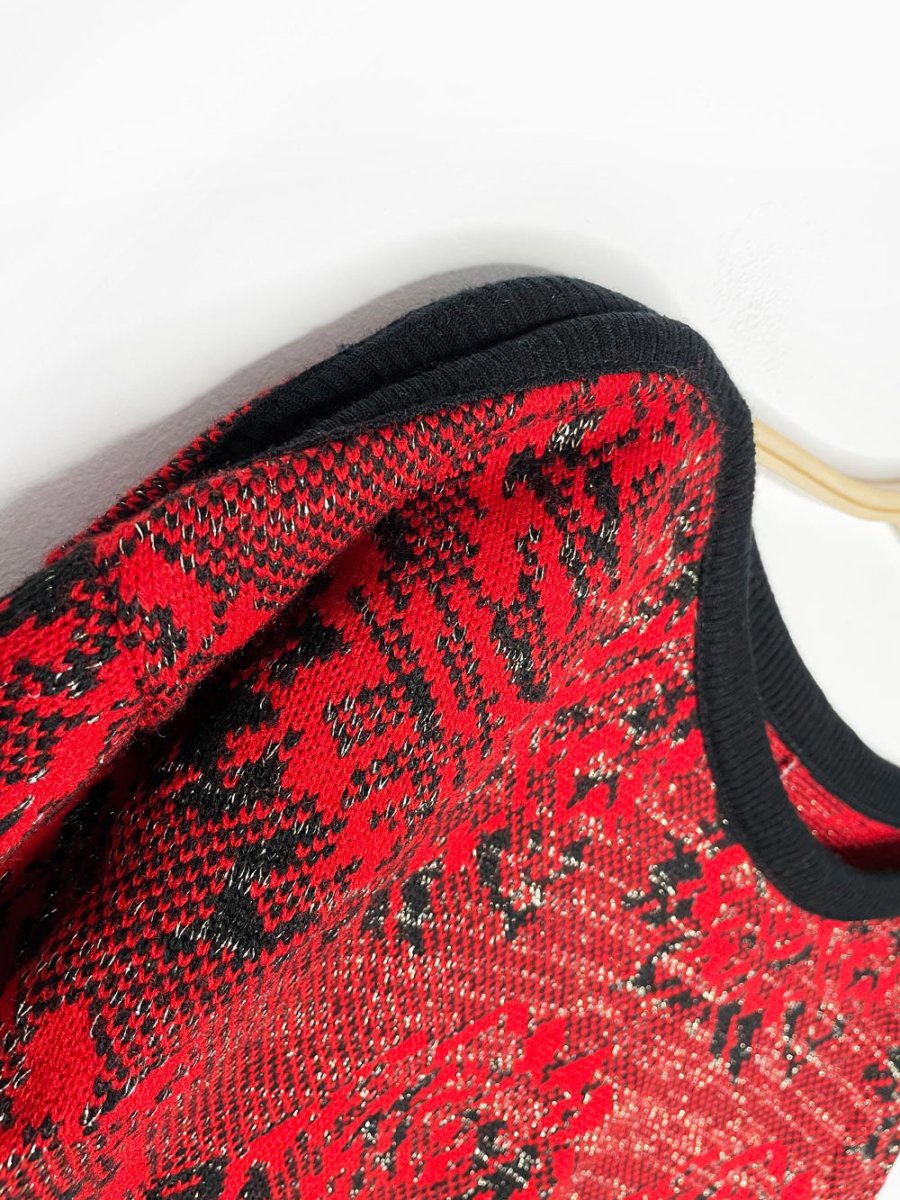 vintage 80s metallic red rose knit holiday midi dress - good market thrift store