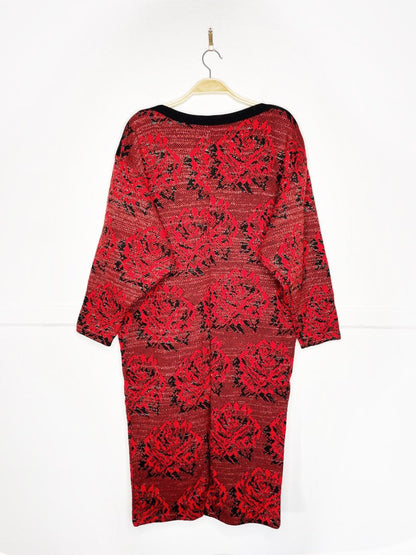 vintage 80s metallic red rose knit holiday midi dress - good market thrift store