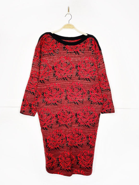 vintage 80s metallic red rose knit holiday midi dress - good market thrift store