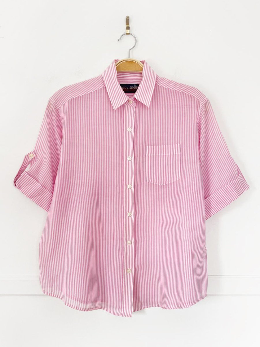 vintage 80s moving up pink stripe utility full button shirt - good market thrift store