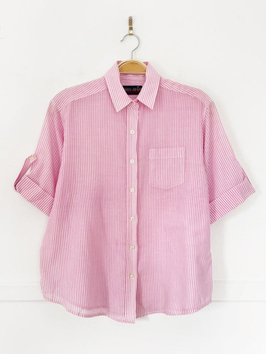 vintage 80s moving up pink stripe utility full button shirt - good market thrift store