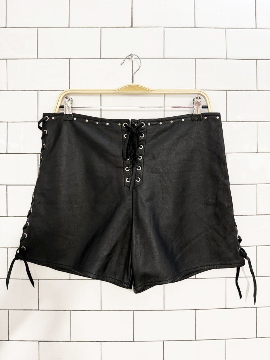 vintage 80s on the fringe handmade leather lace up mini shorts | made in Canada - good market thrift store