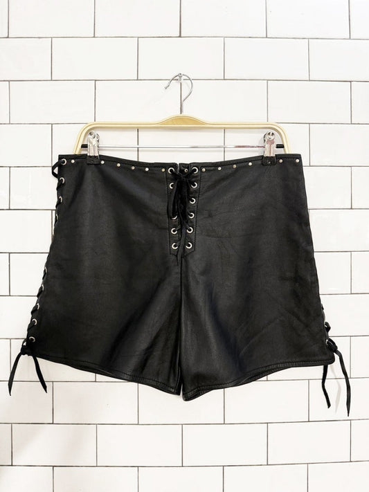vintage 80s on the fringe handmade leather lace up mini shorts | made in Canada - good market thrift store