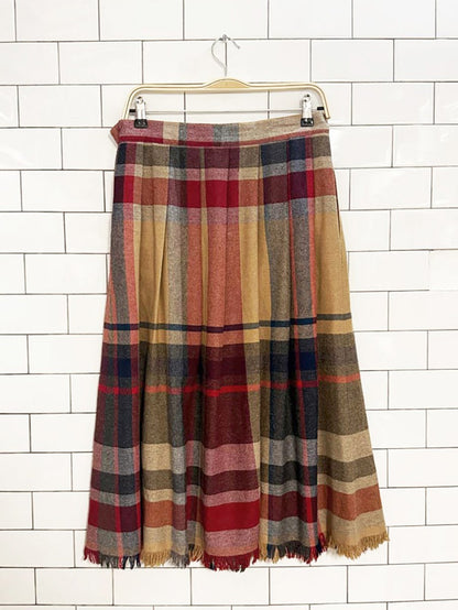 vintage 80s pant - her wool - blend pleated fringe midi skirt - good market thrift store