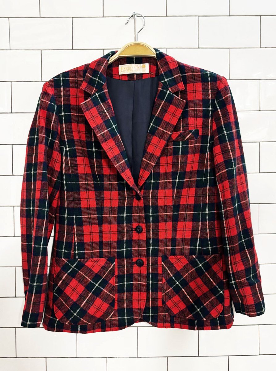 vintage 80s pendleton 100% wool tartan plaid blazer | made in usa - good market thrift store