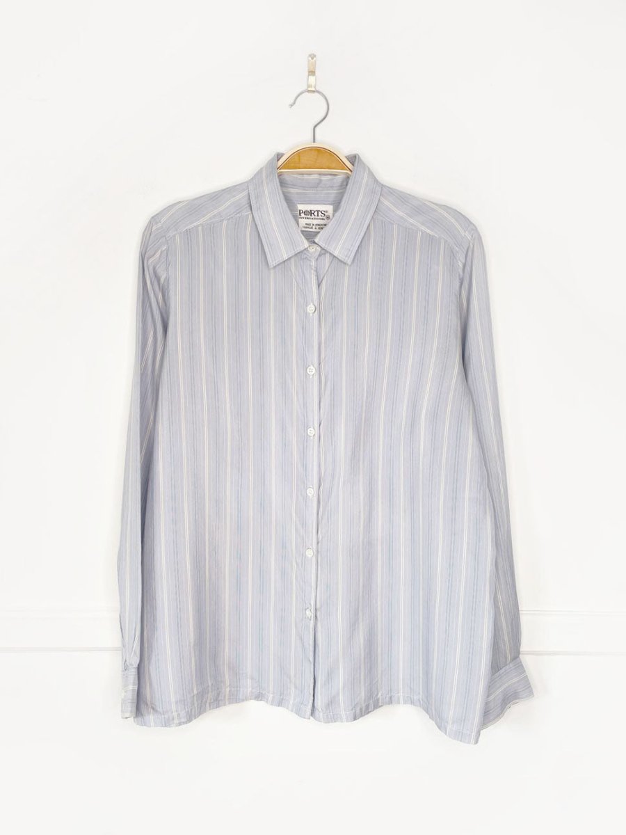 vintage 80s ports 100% silk blue stripe full button blouse - good market thrift store