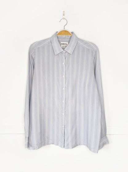 vintage 80s ports 100% silk blue stripe full button blouse - good market thrift store