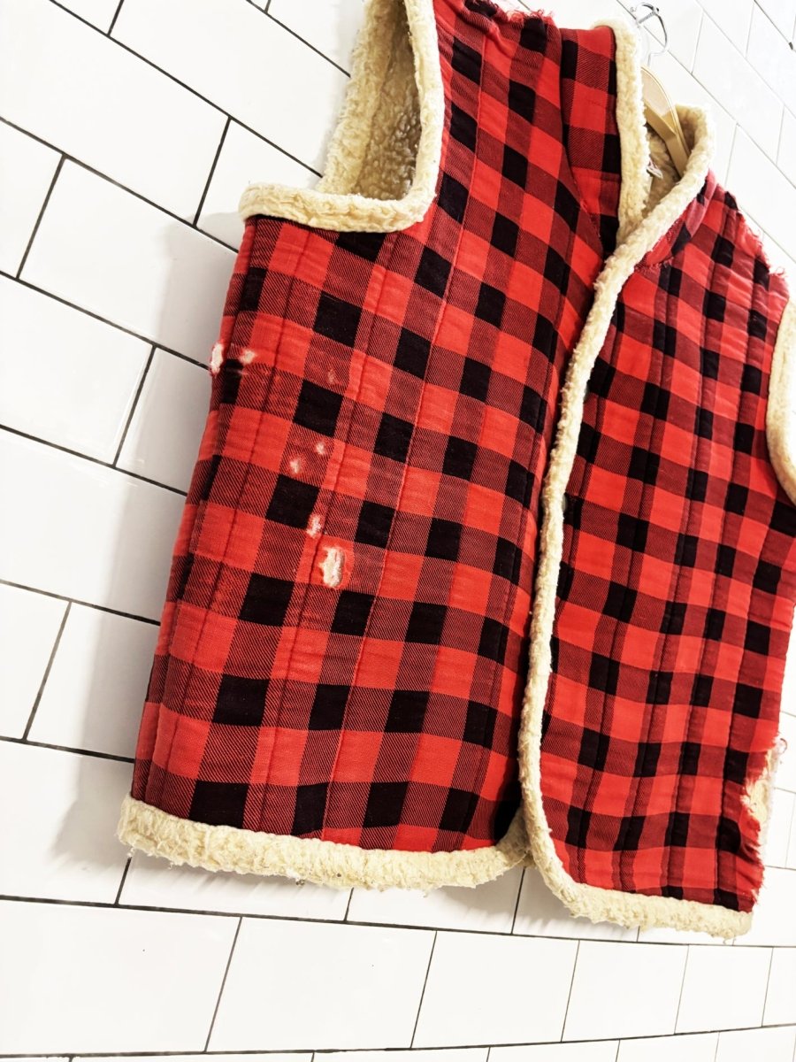 vintage 80s quiltables distressed sherpa lined flannel vest - good market thrift store