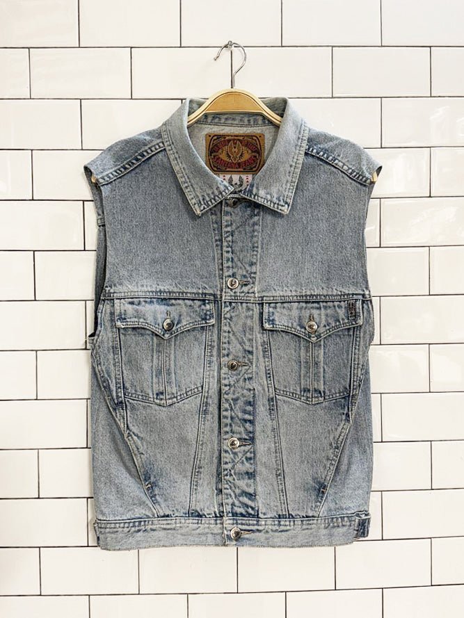 vintage 80s santana jeans multi pocket denim vest | parasuco - good market thrift store