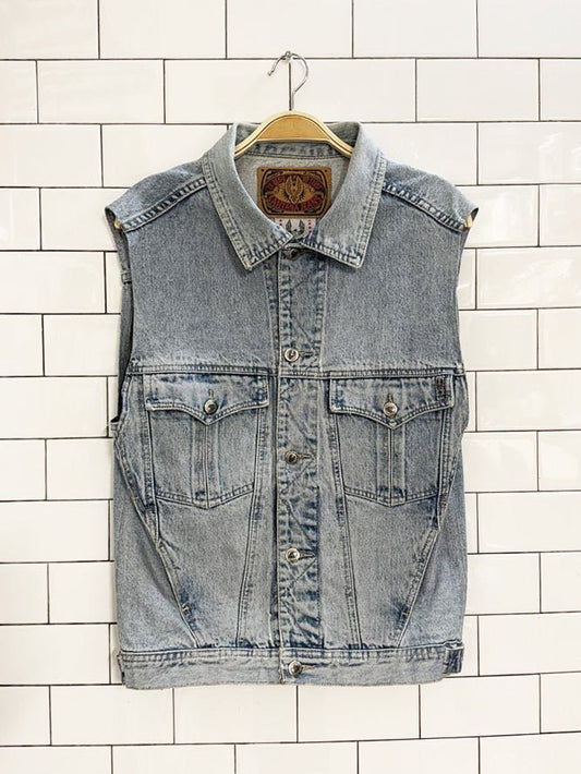vintage 80s santana jeans multi pocket denim vest | parasuco - good market thrift store
