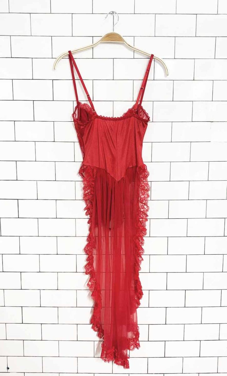 vintage 80s sharron leslie lingerie showgirl body suit with ruffle train | made in USA - good market thrift store