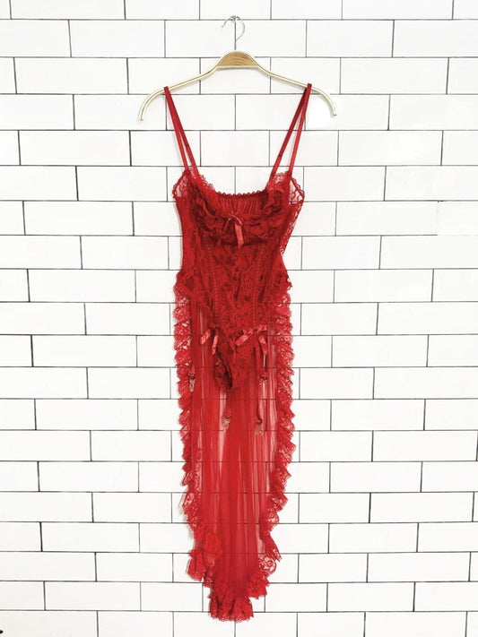 vintage 80s sharron leslie lingerie showgirl body suit with ruffle train | made in USA - good market thrift store