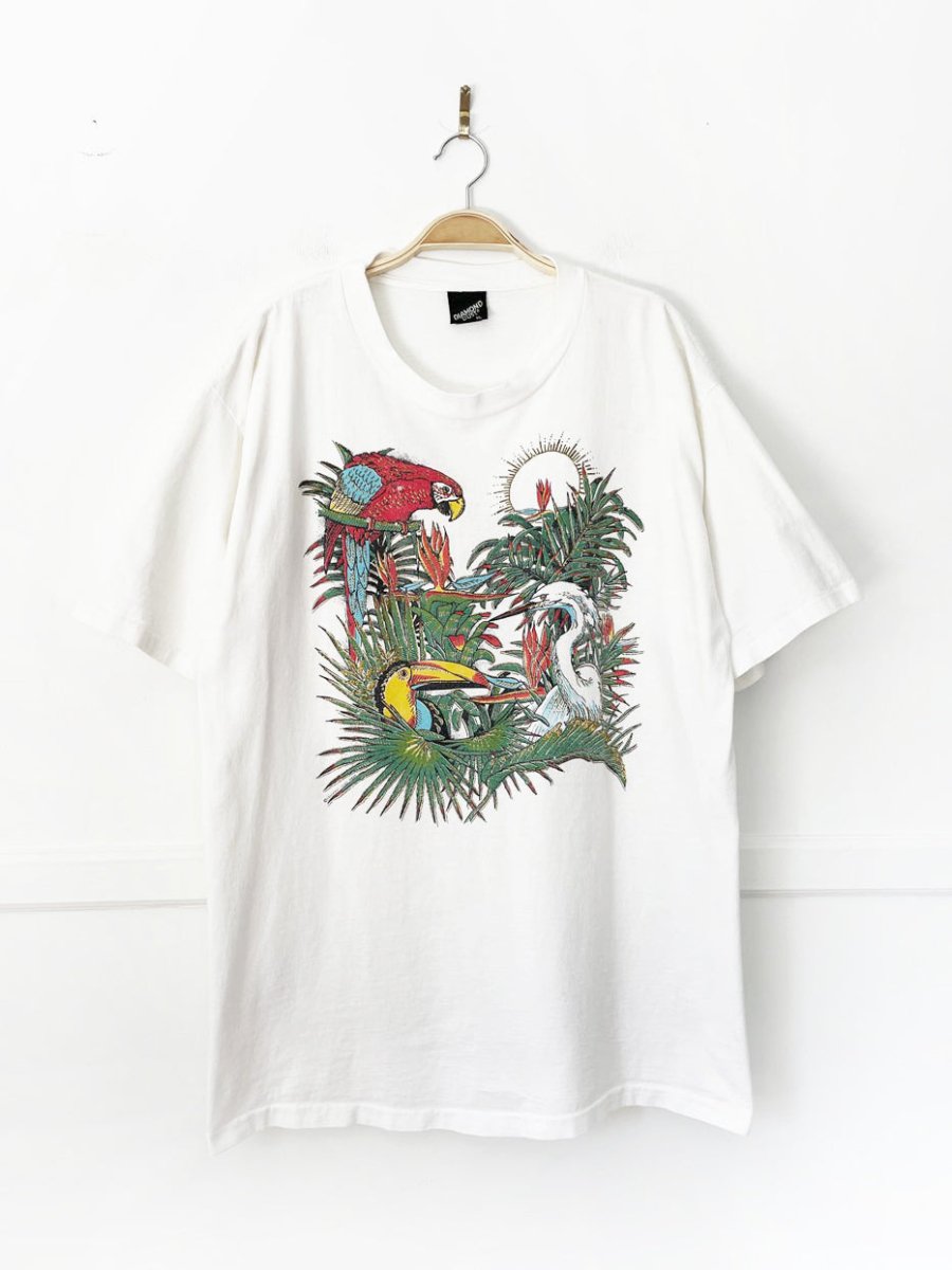 vintage 80s single stitch sparkly tropical bird print tee | made in usa | diamond dust - good market thrift store