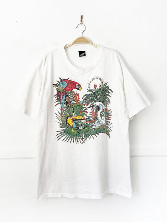 vintage 80s single stitch sparkly tropical bird print tee | made in usa | diamond dust - good market thrift store