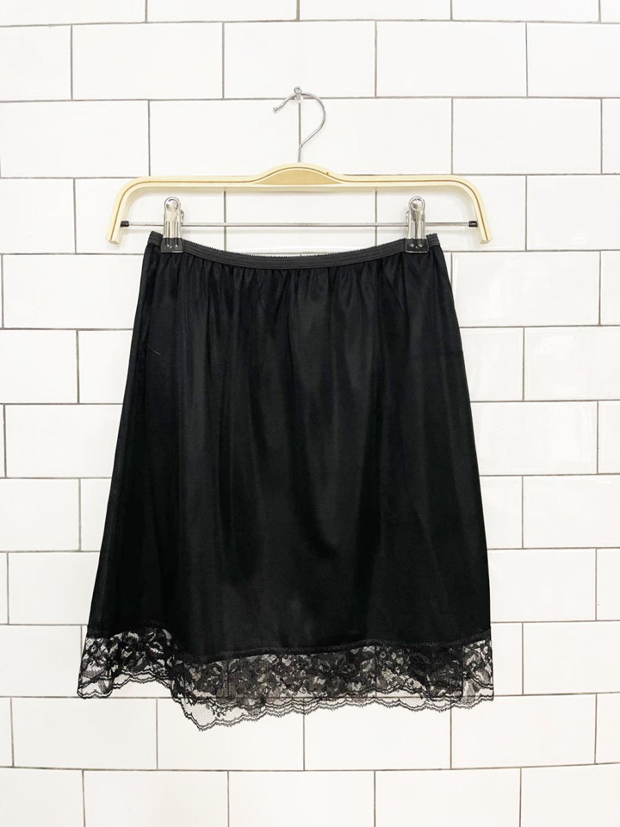 vintage 80s sliperfection sateen lace slip mini skirt - good market thrift store