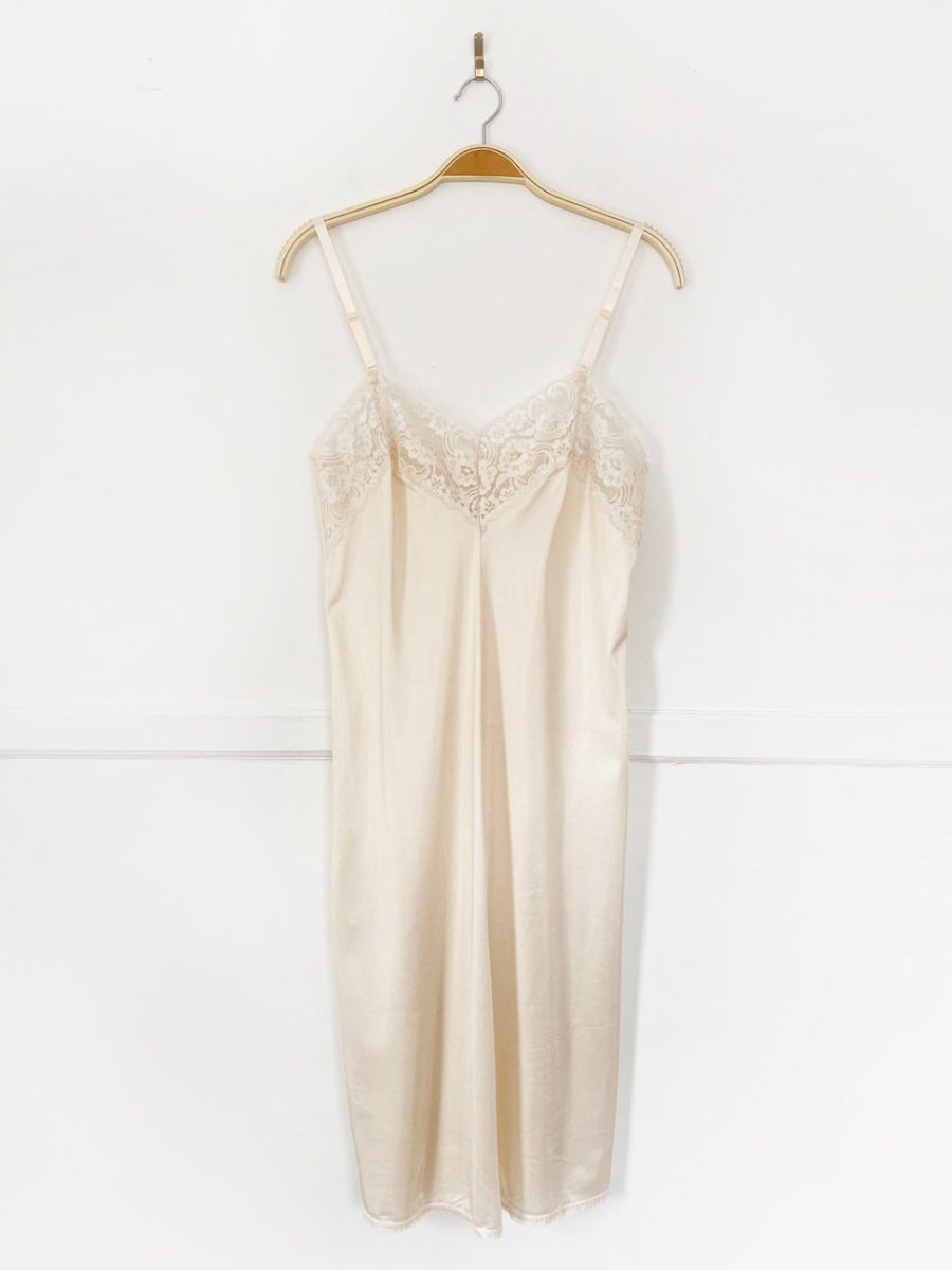 vintage 80s smart poly - knit lace trim sateen midi slip - good market thrift store
