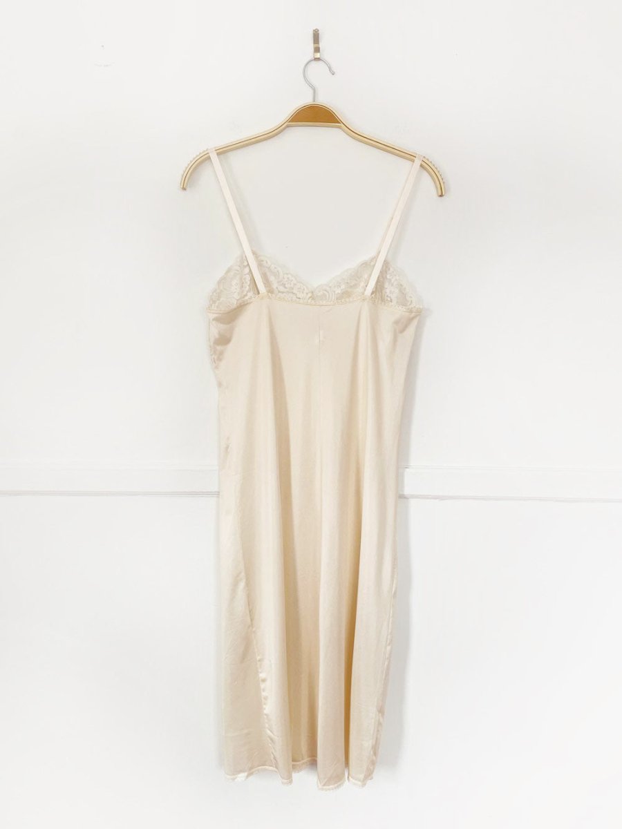 vintage 80s smart poly - knit lace trim sateen midi slip - good market thrift store