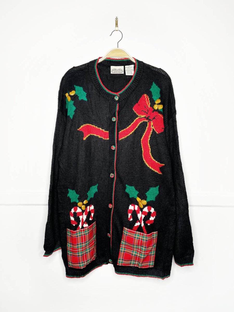 vintage 80s the villager tartan pocket big bow knit cardigan - good market thrift store