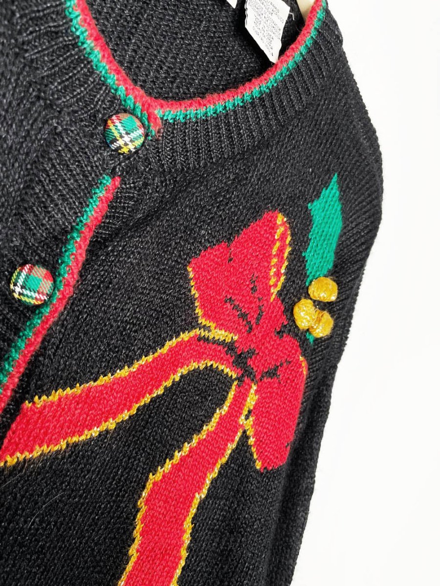 vintage 80s the villager tartan pocket big bow knit cardigan - good market thrift store