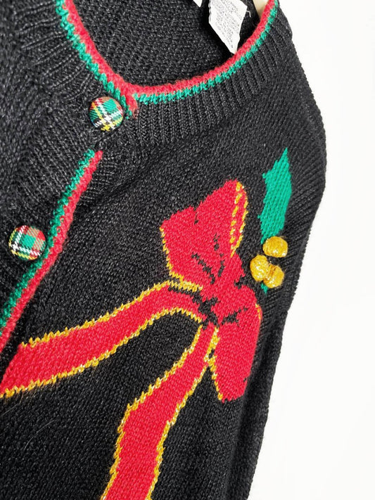 vintage 80s the villager tartan pocket big bow knit cardigan - good market thrift store