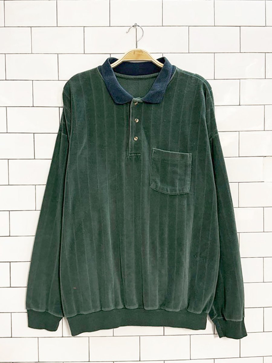 vintage 80s velour long sleeve polo sweatshirt - good market thrift store