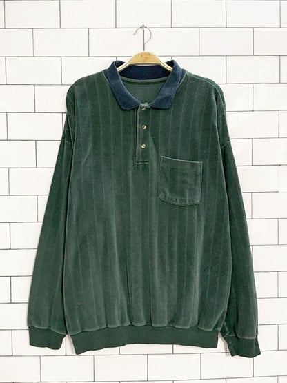 vintage 80s velour long sleeve polo sweatshirt - good market thrift store