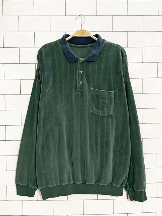 vintage 80s velour long sleeve polo sweatshirt - good market thrift store