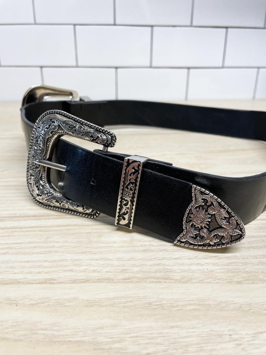 vintage 80s western double buckle faux leather belt - good market thrift store