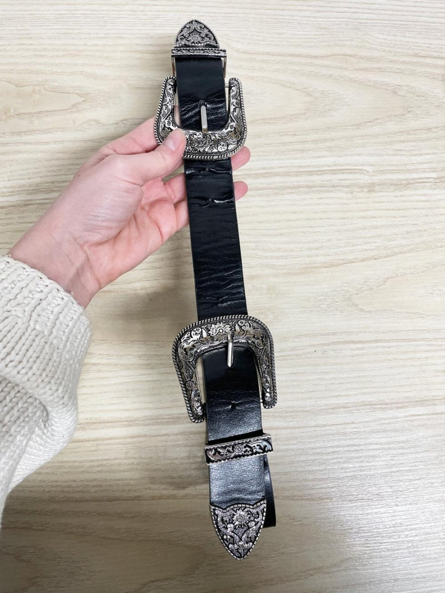 vintage 80s western double buckle faux leather belt - good market thrift store