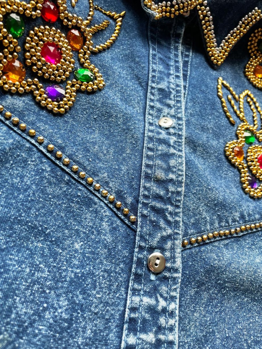 vintage 80s western floral beaded jewel denim shirt midi dress - good market thrift store
