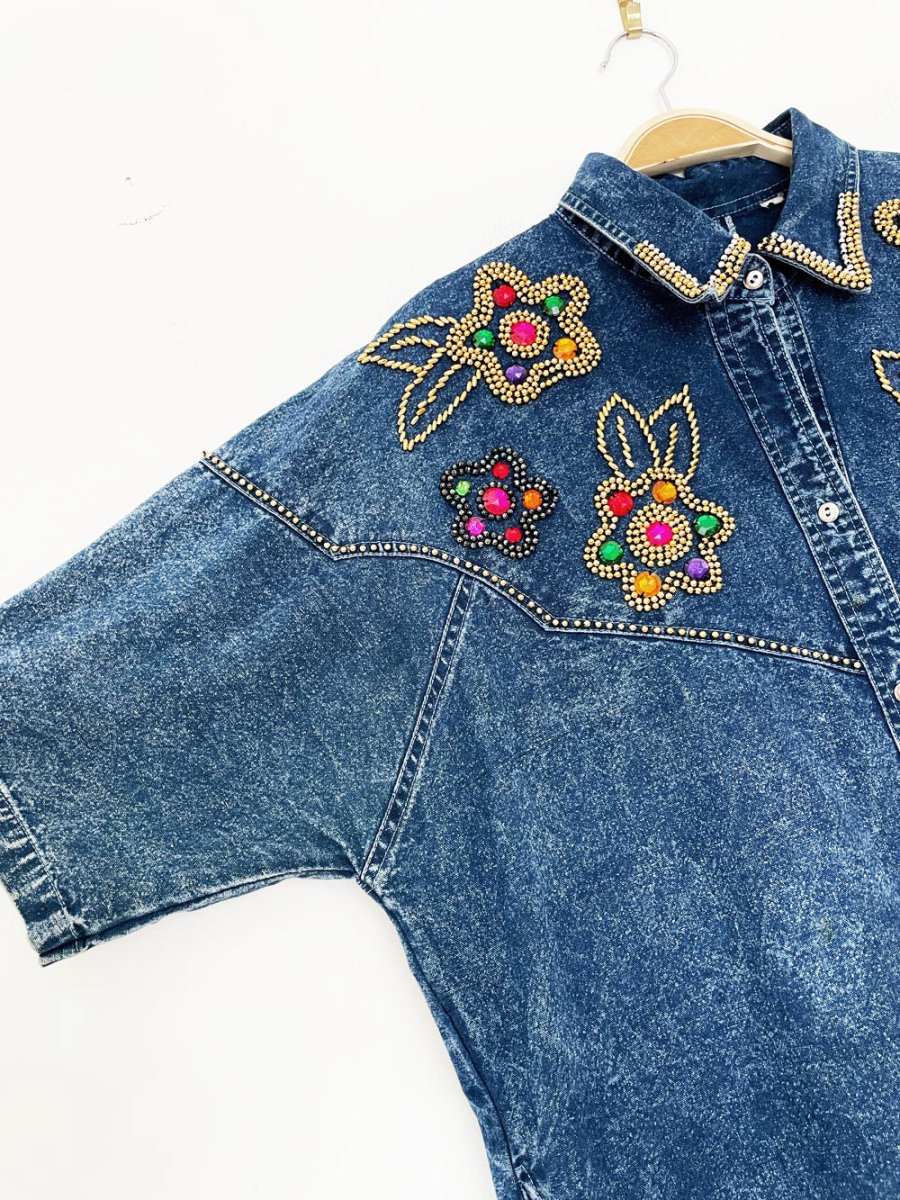 vintage 80s western floral beaded jewel denim shirt midi dress - good market thrift store