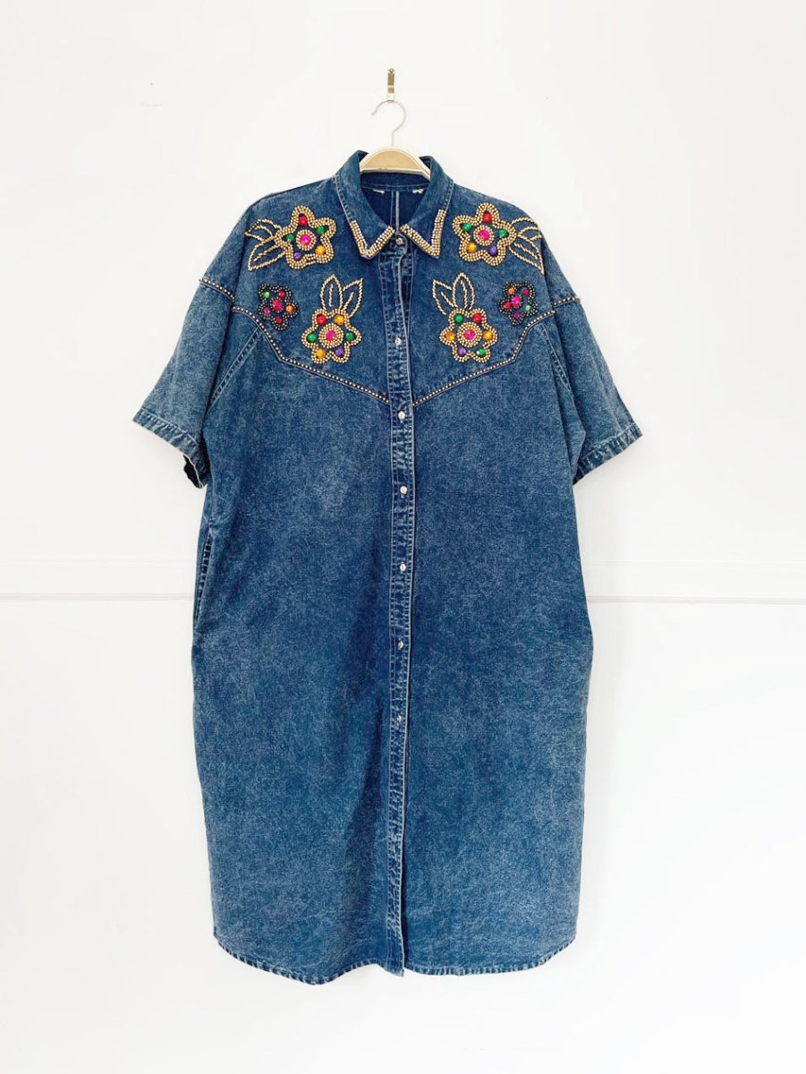 vintage 80s western floral beaded jewel denim shirt midi dress - good market thrift store