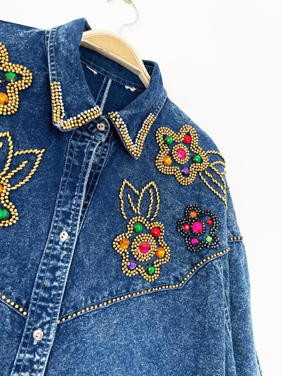 vintage 80s western floral beaded jewel denim shirt midi dress - good market thrift store