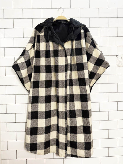 vintage 80s wool - blend check pleated hooded reversible poncho | made in Korea - good market thrift store