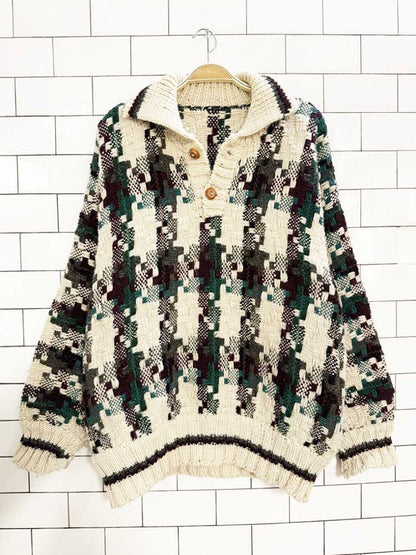 vintage 80s wool plaid half button chunky knit sweater - good market thrift store