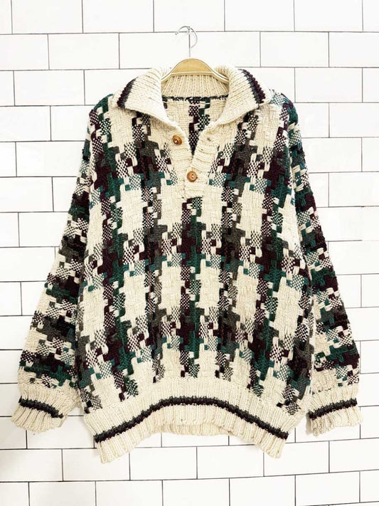 vintage 80s wool plaid half button chunky knit sweater - good market thrift store