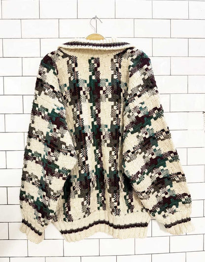 vintage 80s wool plaid half button chunky knit sweater - good market thrift store