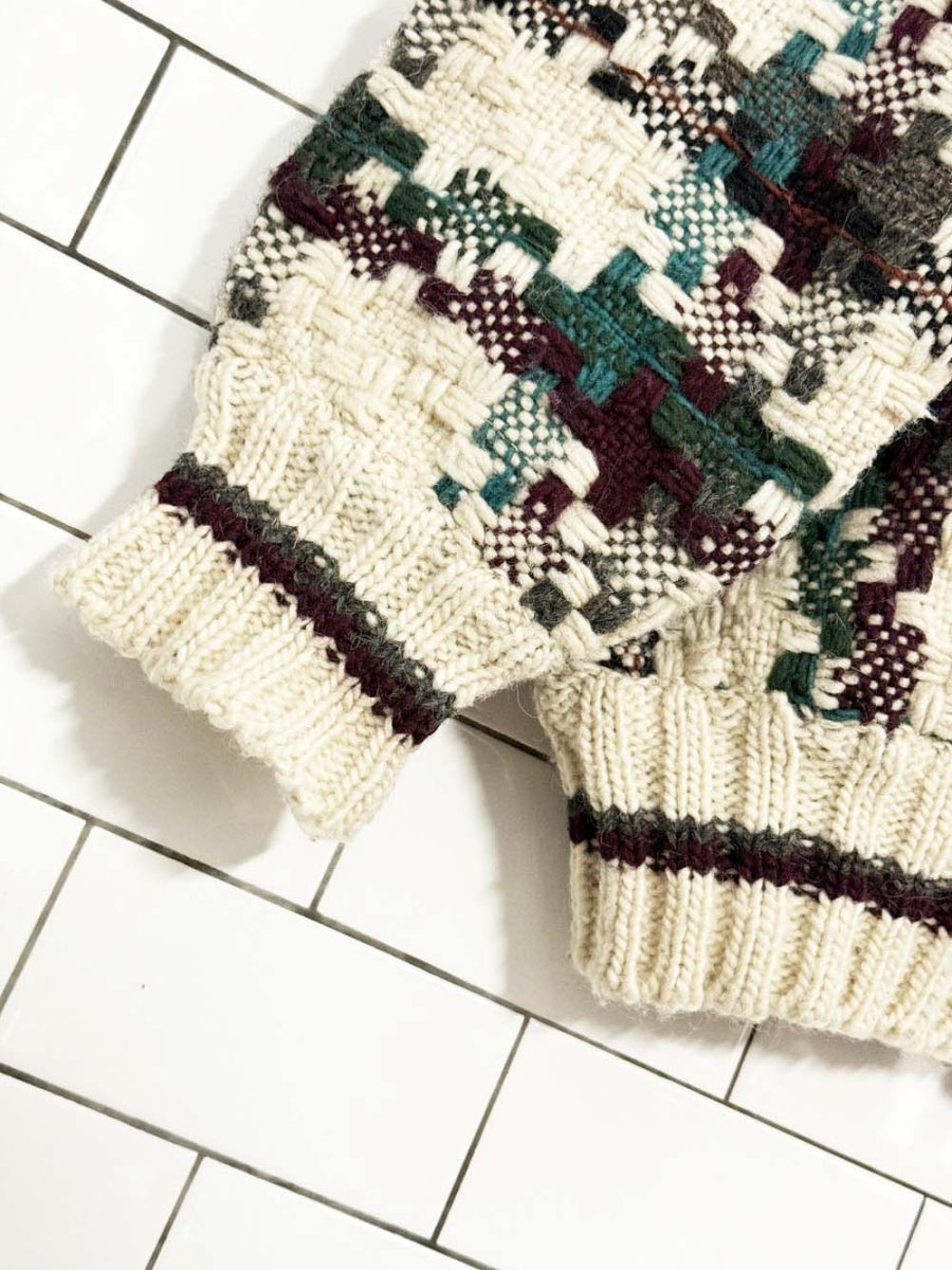 vintage 80s wool plaid half button chunky knit sweater - good market thrift store