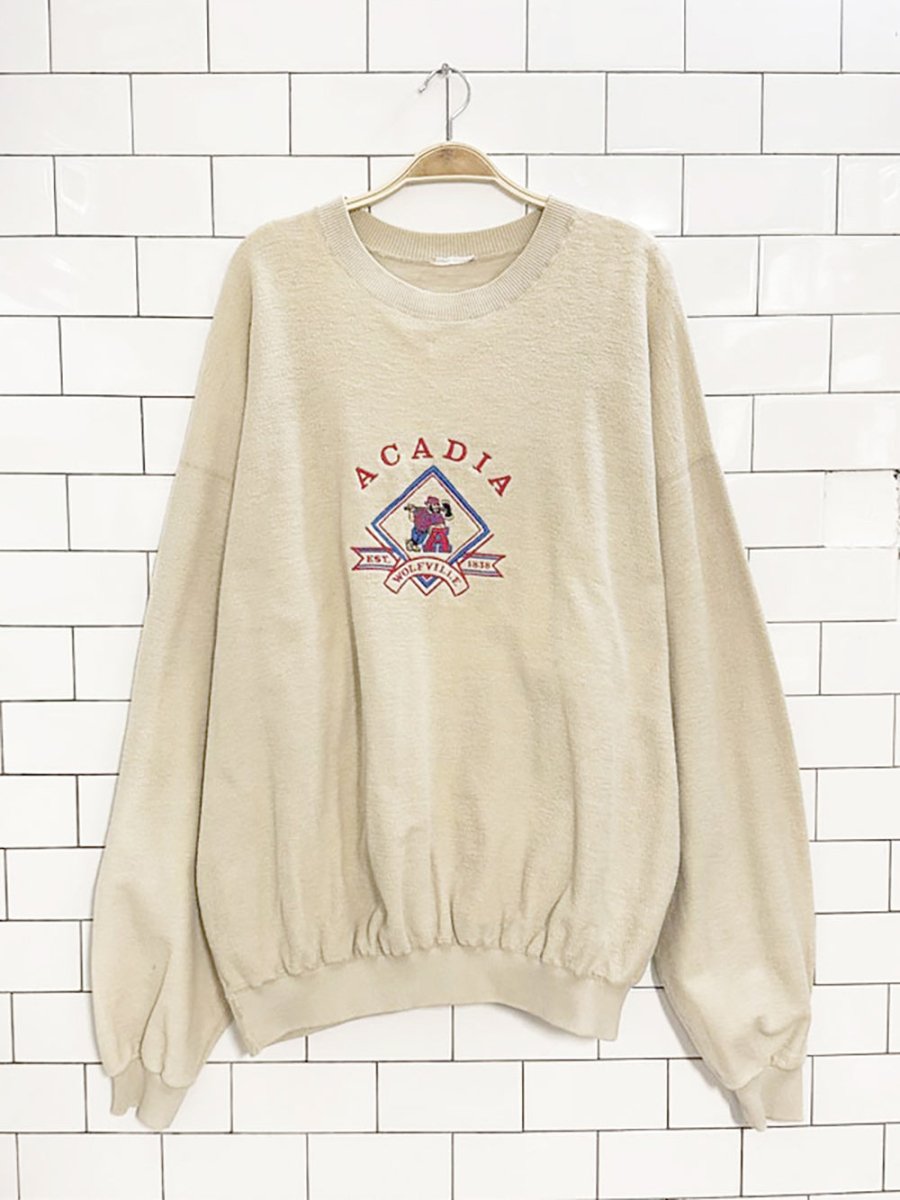 vintage 90s acadia university wolfville est. 1838 reverse fleece sweatshirt - good market thrift store
