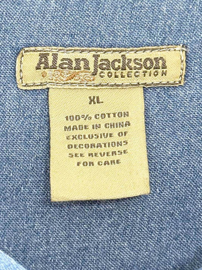 vintage 90s alan jackson leaf embroidered snap button western denim shirt - good market thrift store