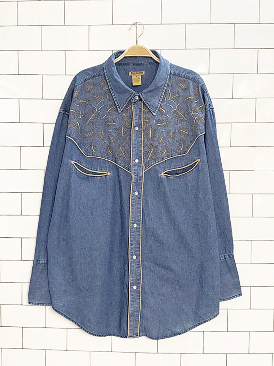 vintage 90s alan jackson leaf embroidered snap button western denim shirt - good market thrift store