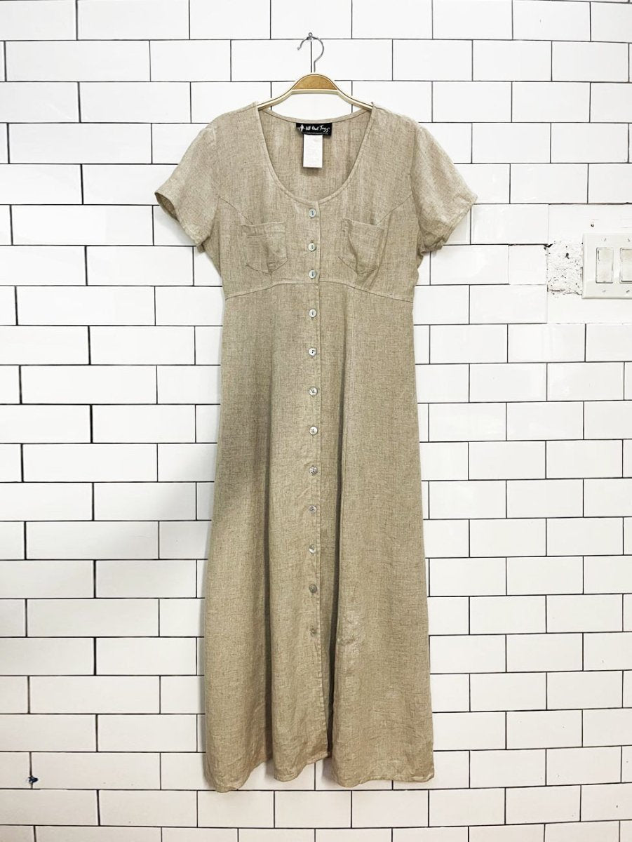 vintage 90s all the jazz linen-blend full button short sleeve maxi dress - good market thrift store