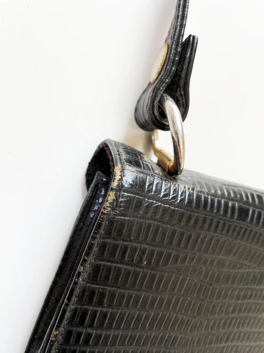 vintage 90s alligator embossed leather turnlock top handle bag | clix zipper - good market thrift store