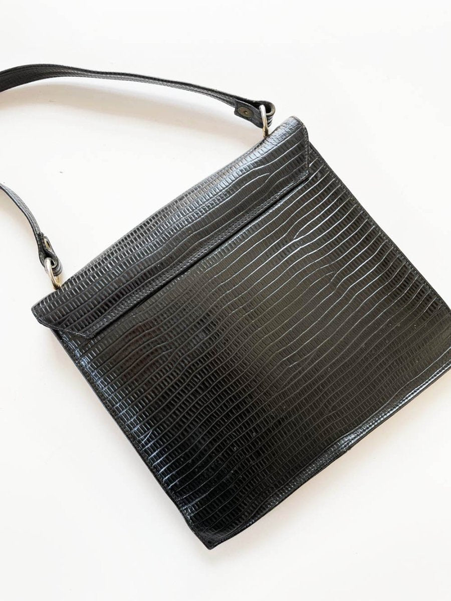 vintage 90s alligator embossed leather turnlock top handle bag | clix zipper - good market thrift store
