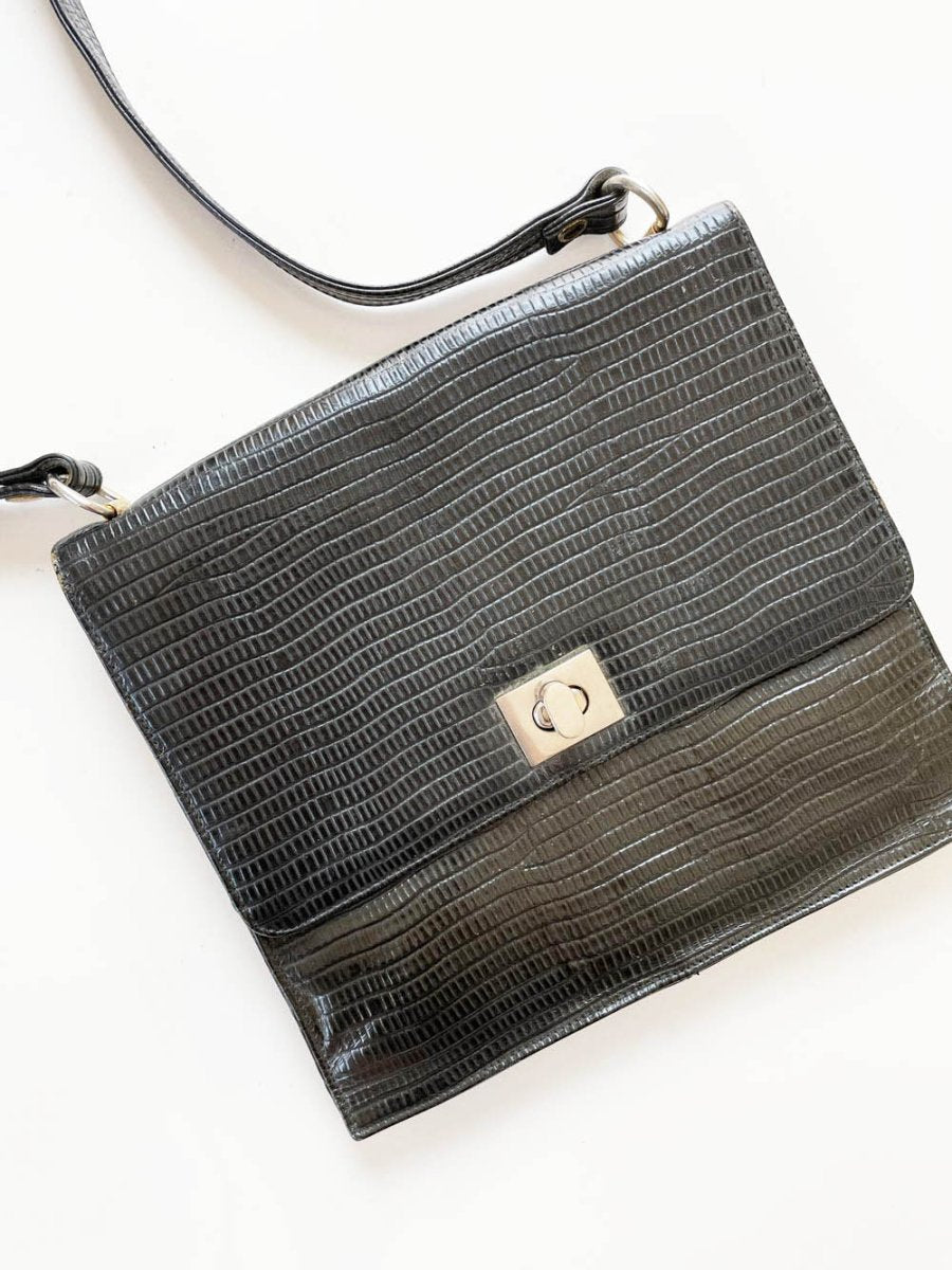 vintage 90s alligator embossed leather turnlock top handle bag | clix zipper - good market thrift store