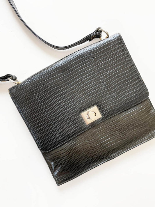 vintage 90s alligator embossed leather turnlock top handle bag | clix zipper - good market thrift store