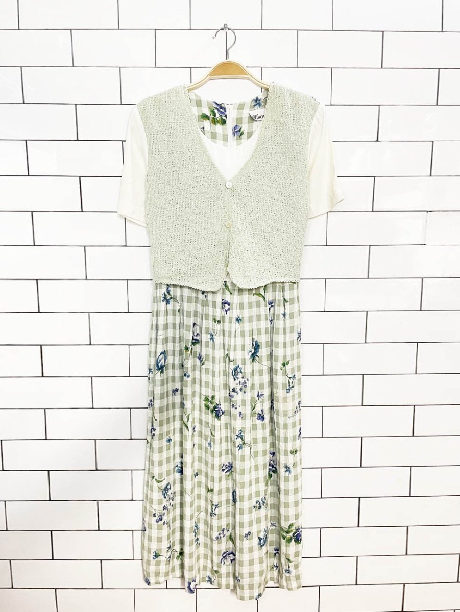 vintage 90s allison che vested floral flowy tie back midi dress | made in USA - good market thrift store