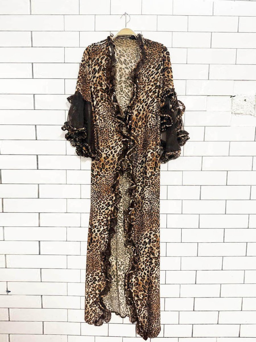 vintage 90s animal print ruffle mesh sleeve tie front robe - good market thrift store